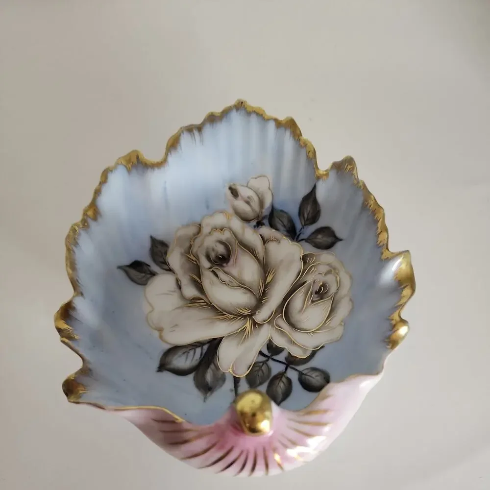 Vtg Chubu China Hand Painted Shell Shaped Trinket Dish Rose Pale Blue, Pink
